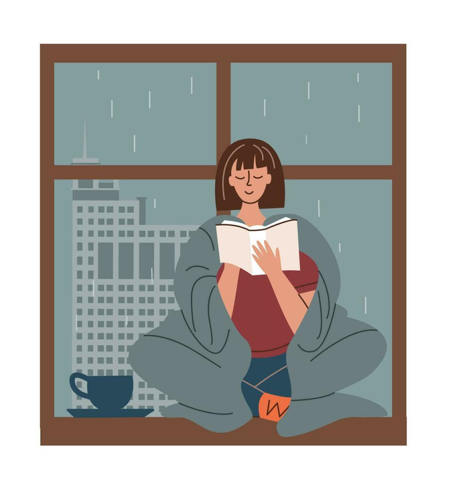 mujer envuelto en acogedor cobija lee libro sentado en antepecho. es lloviendo fuera de ventana. plano vector ilustración.