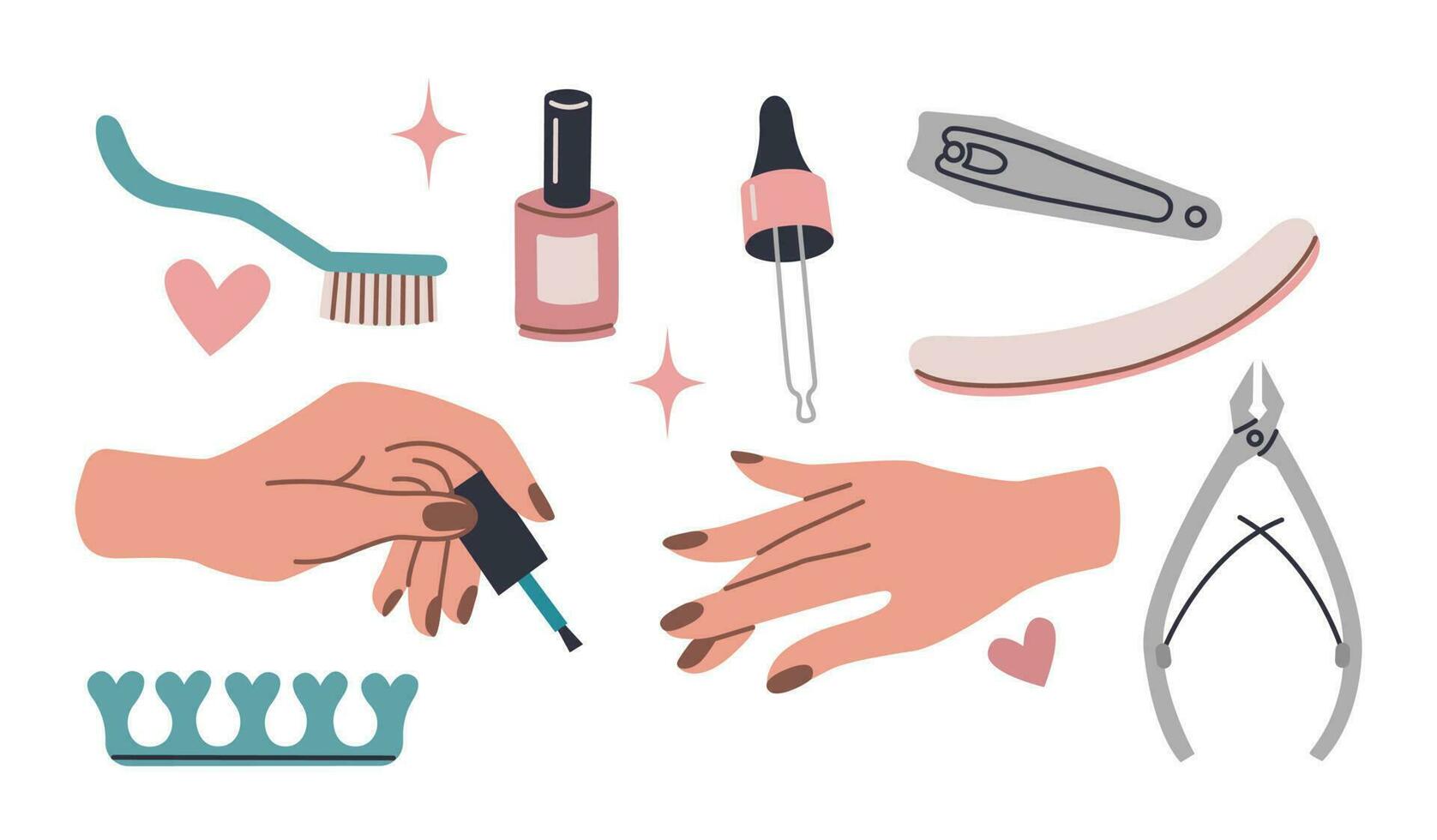 Well-groomed female hands with manicure. Hand applies nail polish. Manicure tool kit. vector