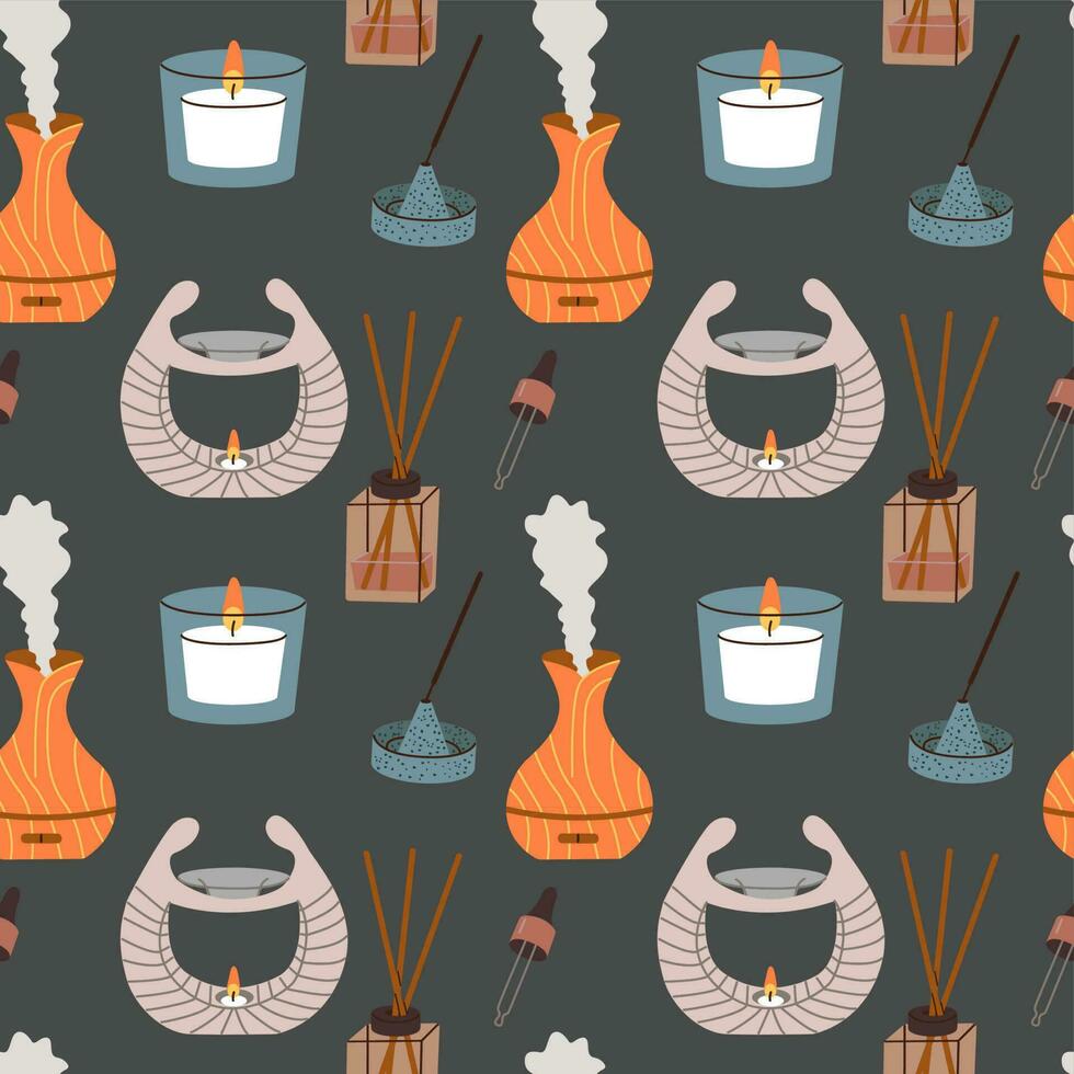 Seamless pattern of home incense, aroma diffuser. Aromatherapy. Flat vector illustration.