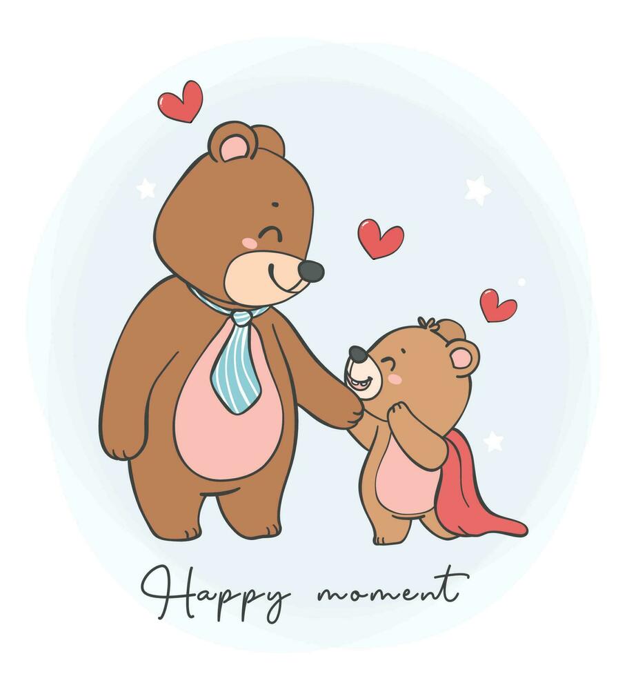 Cute Happy Father's day Heero teddy bear daddy and baby cartoon character hand drawing doodle outline. vector