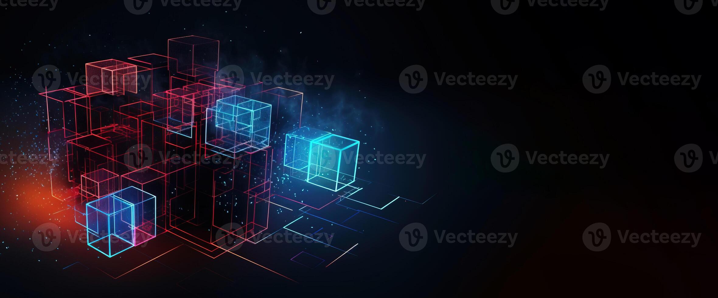 Artificial intelligence, composition of neon brain cubes on a dark background, isolate.. . photo