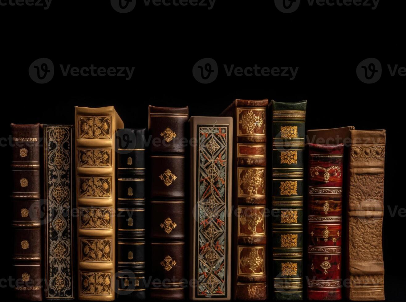 Number of old ancient books, library of knowledge textbooks. Black background isolate. . photo
