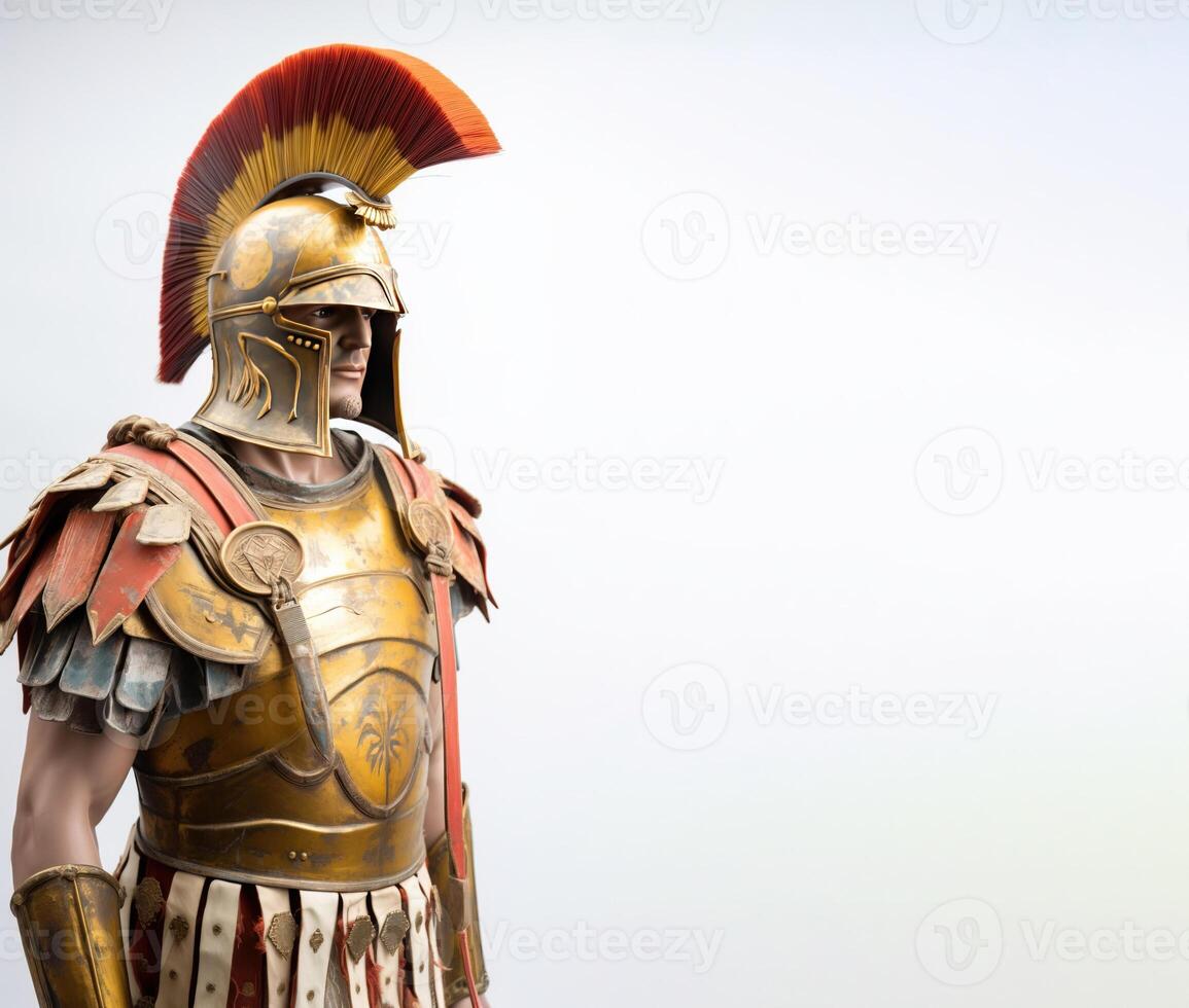 Ancient spartan trojan warrior in armor with weapons. White background, isolate. . photo