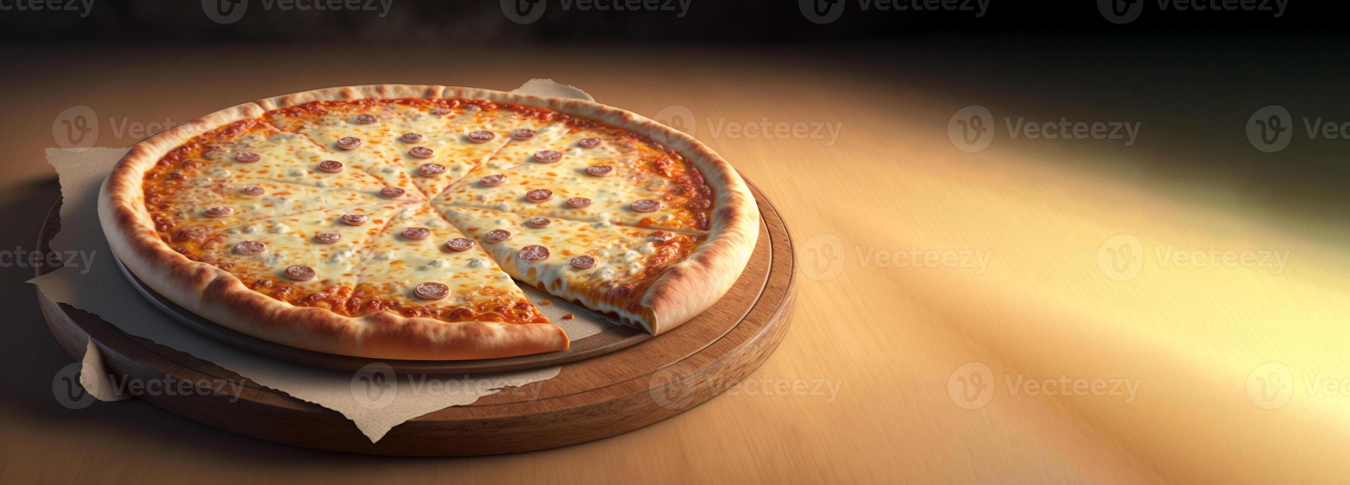 quattro formaggi pizza, cuatro quesos caseoso Pizza rebanadas en un oscuro antecedentes. ai generado. foto