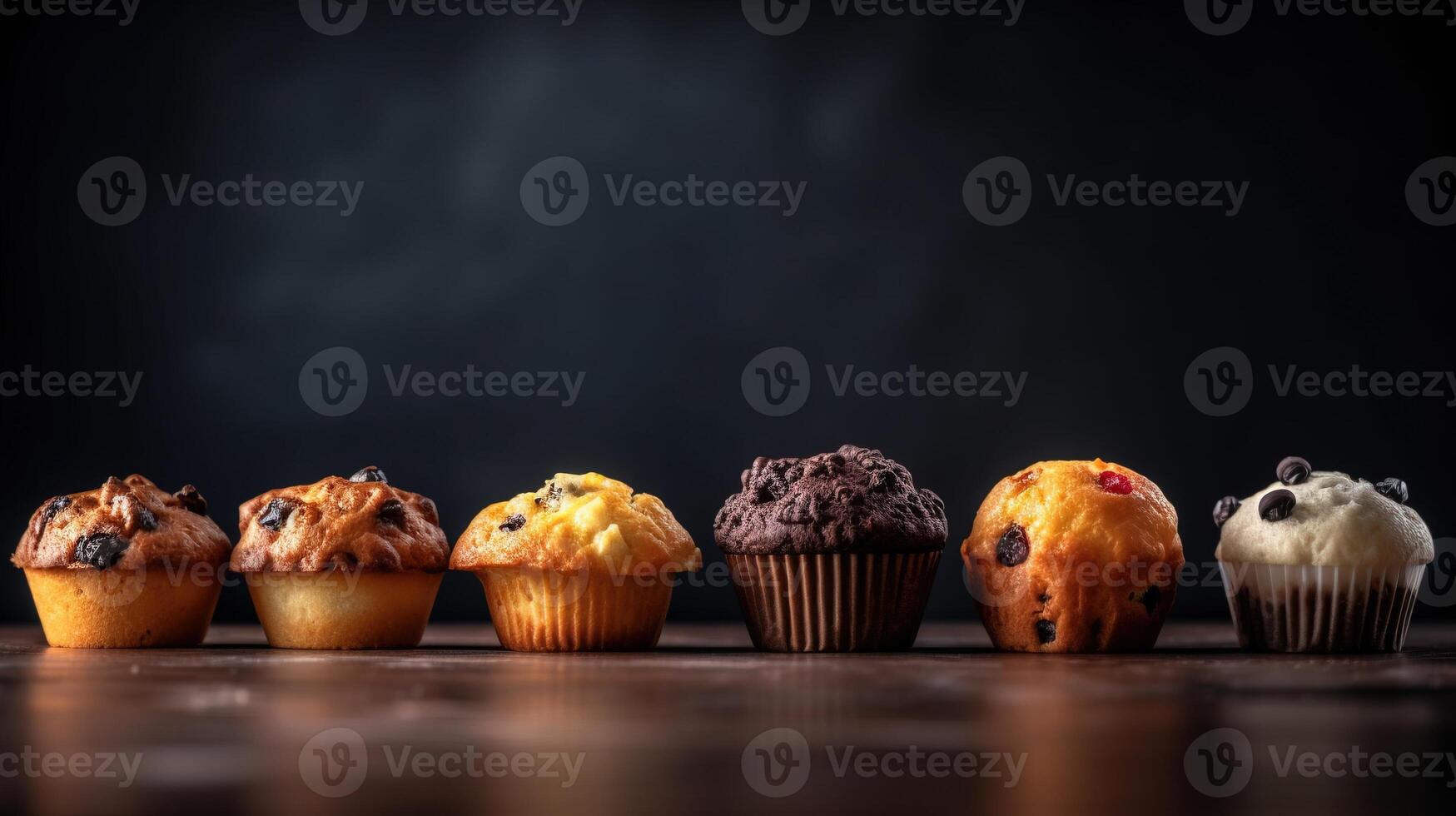 A collection of various flour muffins in a row, black background, isolated. . photo