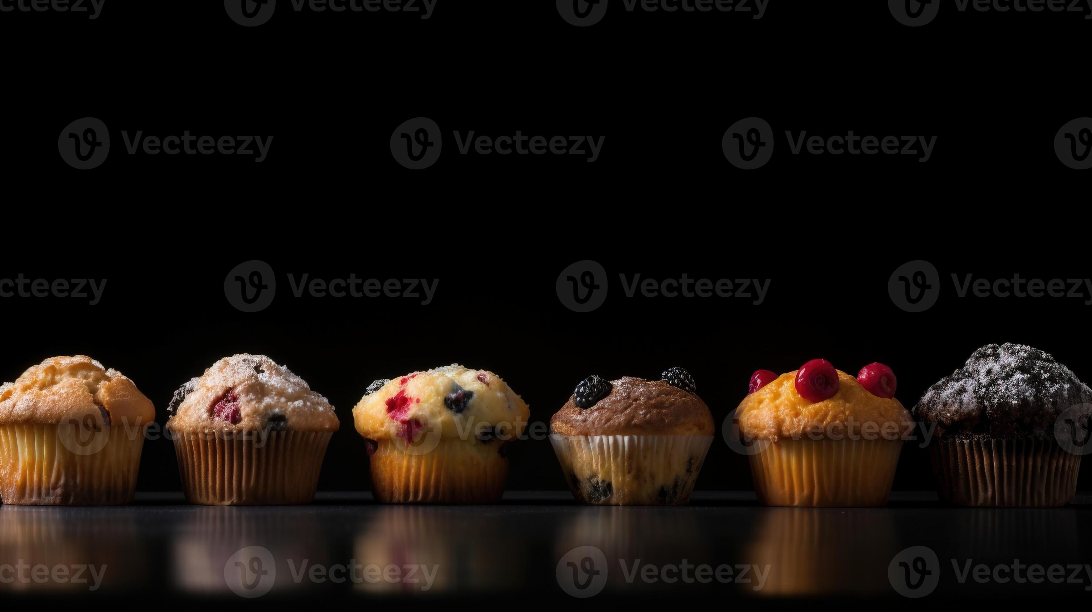 A collection of various flour muffins in a row, black background