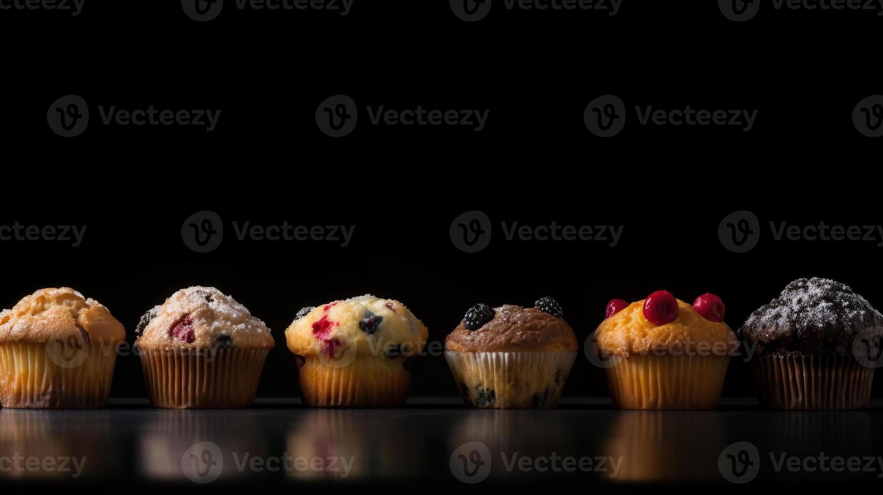 A collection of various flour muffins in a row, black background, isolated. . photo