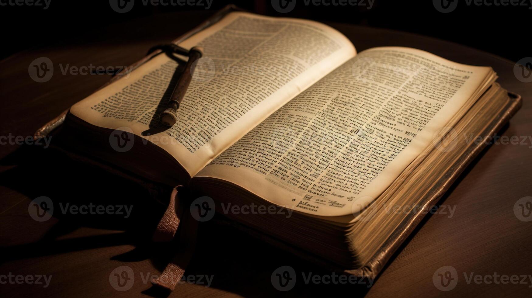 Religious old retro vintage bible book open, with page bookmark. . photo