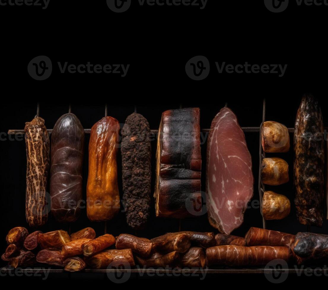 Smoked fresh meat, different varieties in a row. Black background isolate. . photo