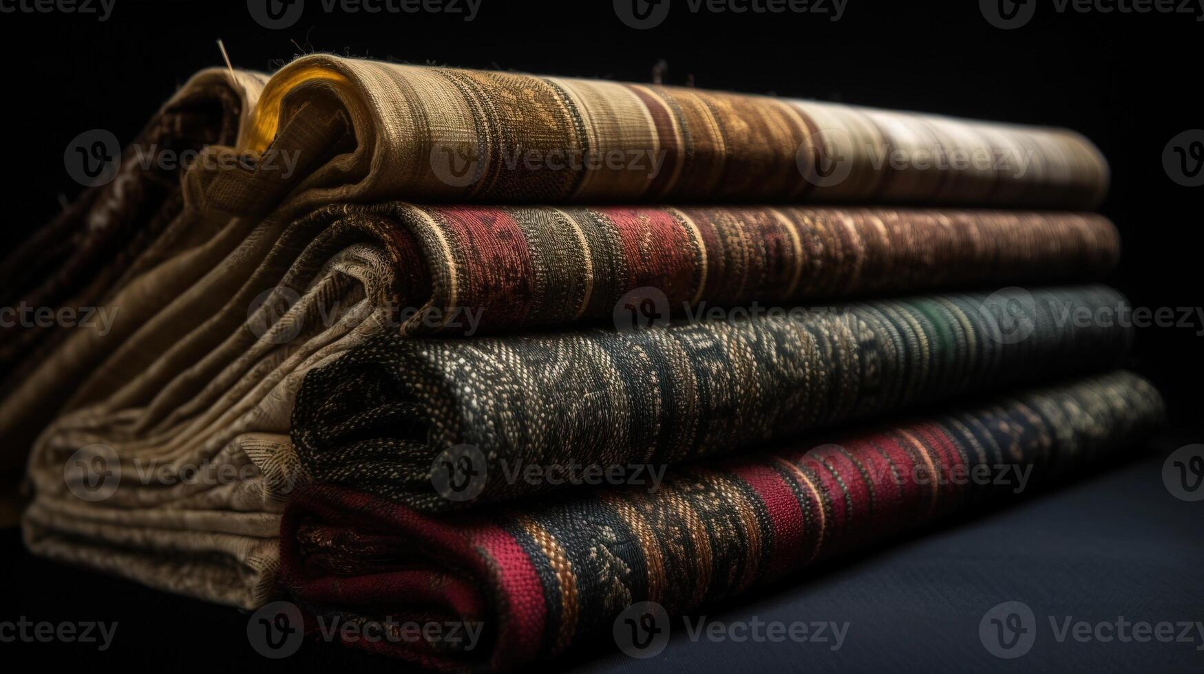 Samples of various colored fabrics in a row, black background. . photo