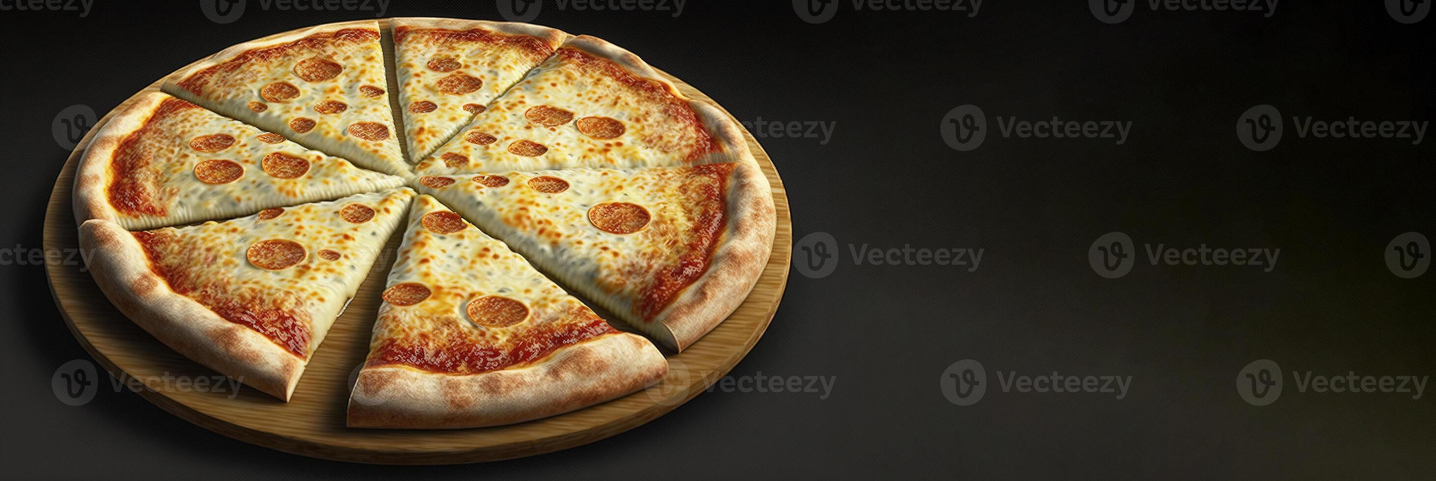 Quattro formaggi pizza, four cheeses. Cheesy pizza slices on a dark background. . photo