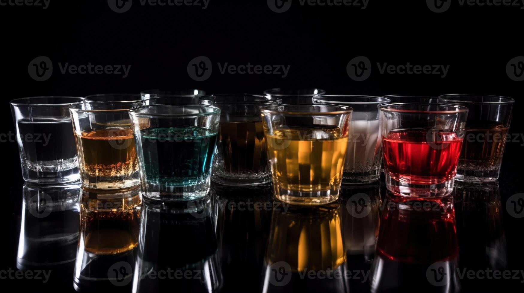 Glasses with different alcohol in a row, dark background. . photo