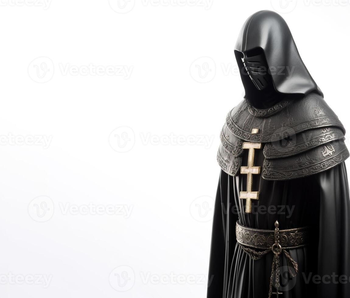 Medieval warrior templar in knight armor. White background, isolate. . photo