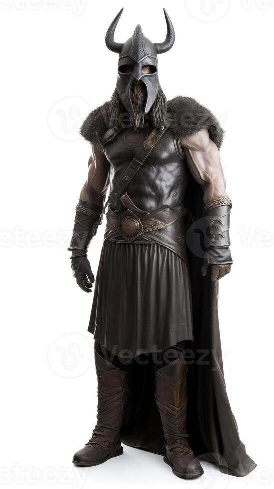 Warrior, Scandinavian navigator in armor. White background, isolate. . photo