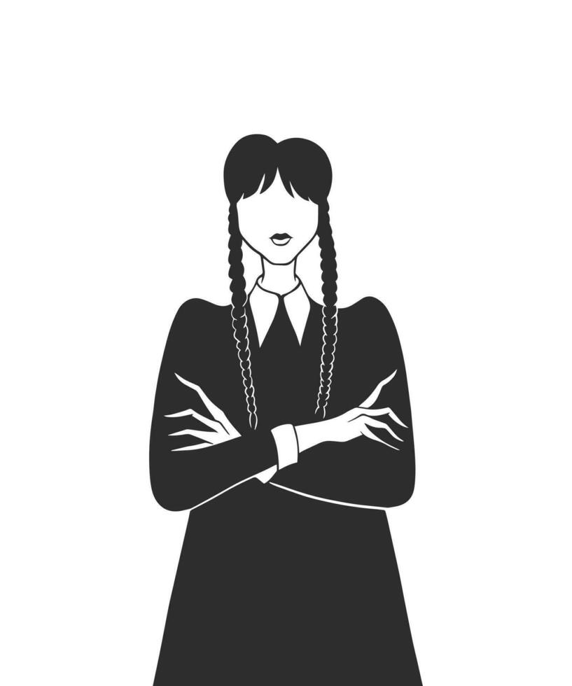 Girl with braids black and white silhouette. Wednesday. vector