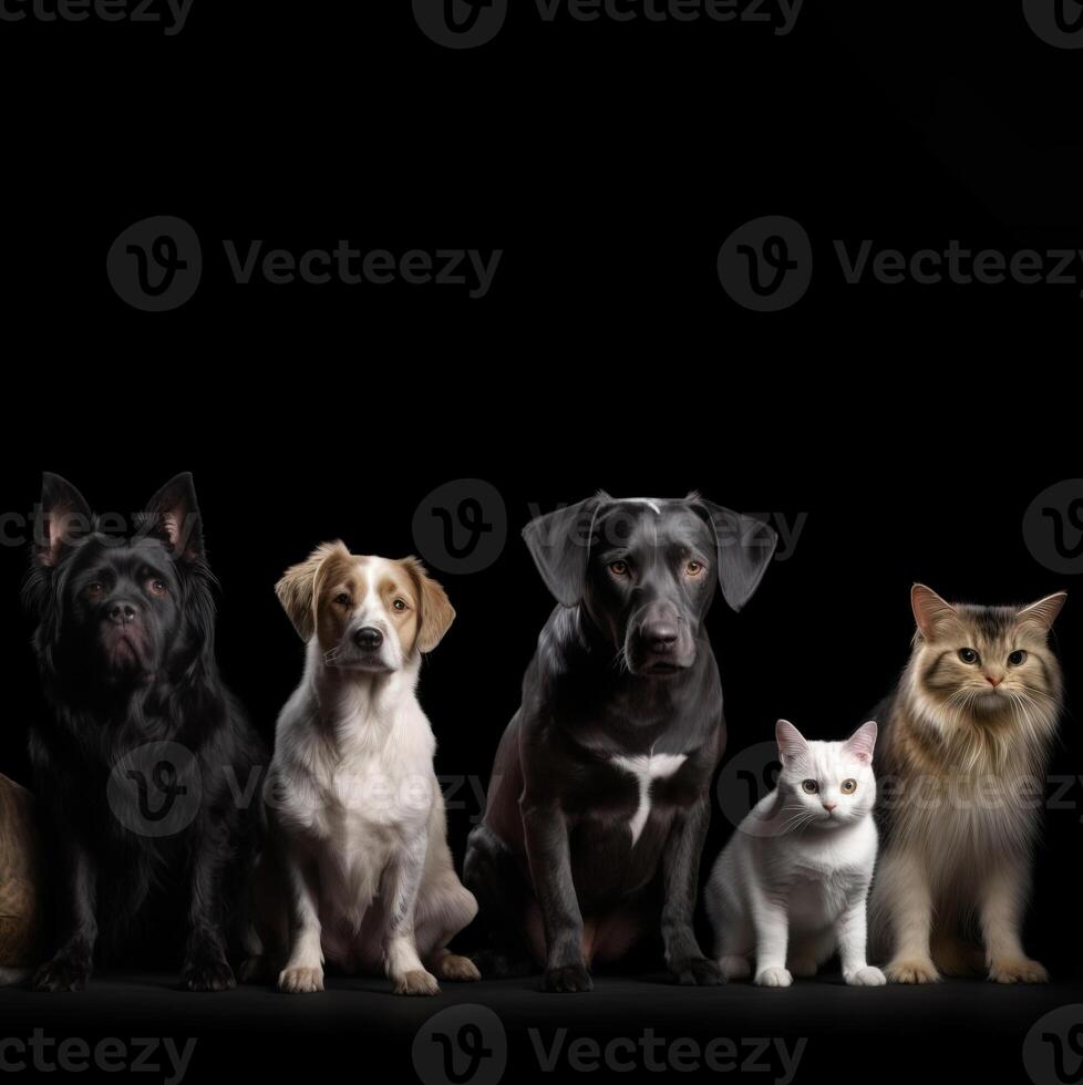 Various types of pets are sitting in a row, black background, isolate. . photo