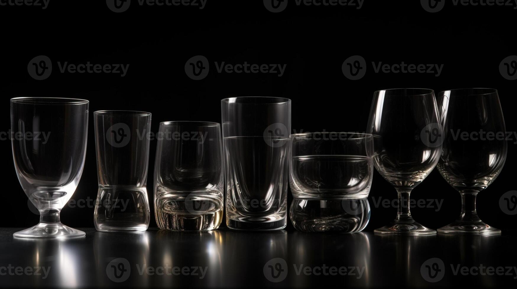 Various colored glasses for different drinks in a row, black background. . photo