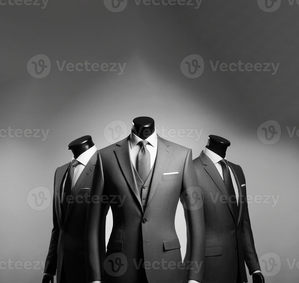 Group of mannequins in men traditional costumes, gray background isolate. . photo