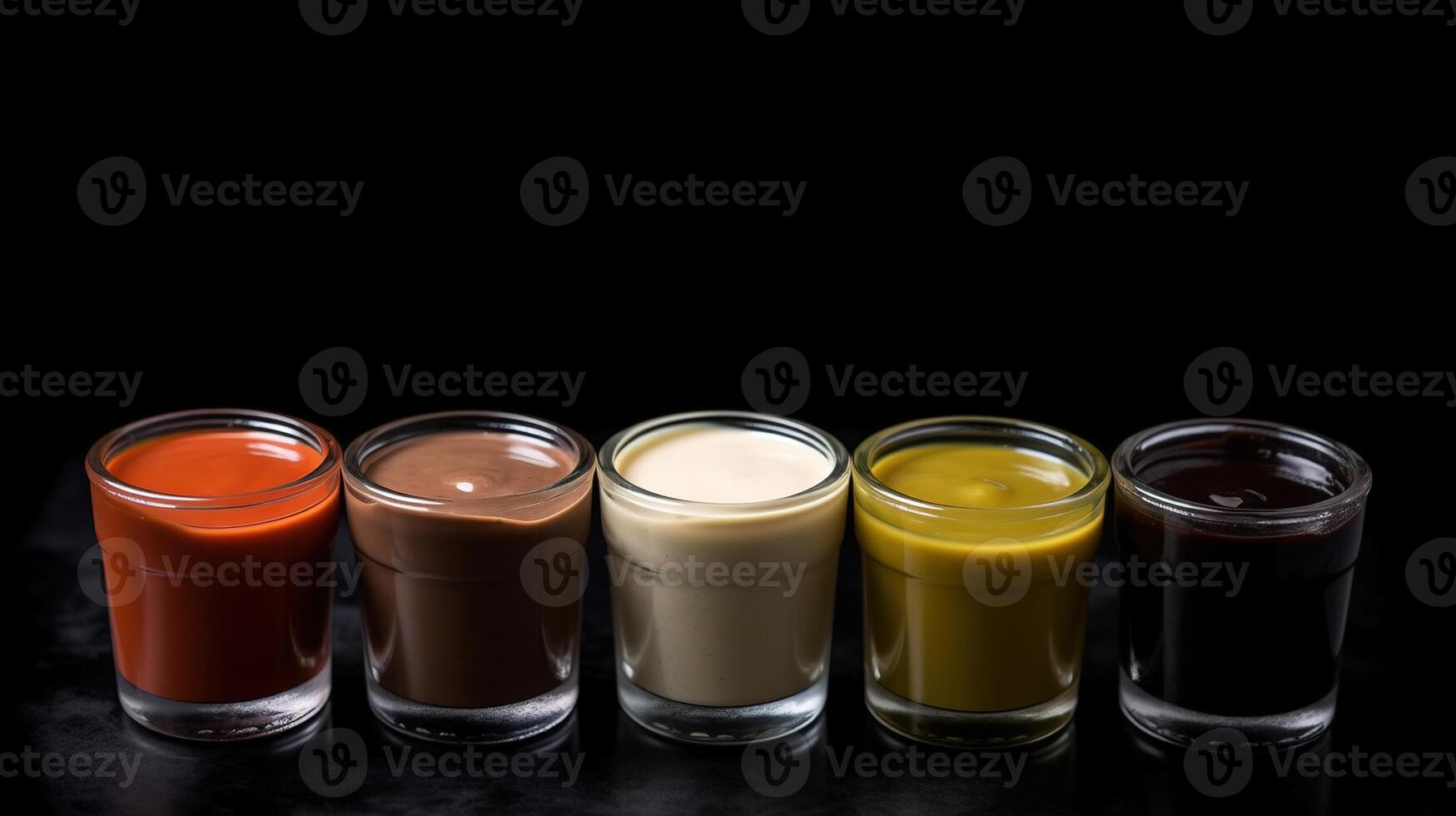 Various sauces, marinades and dressings in small bowls in a row, dark background. . photo