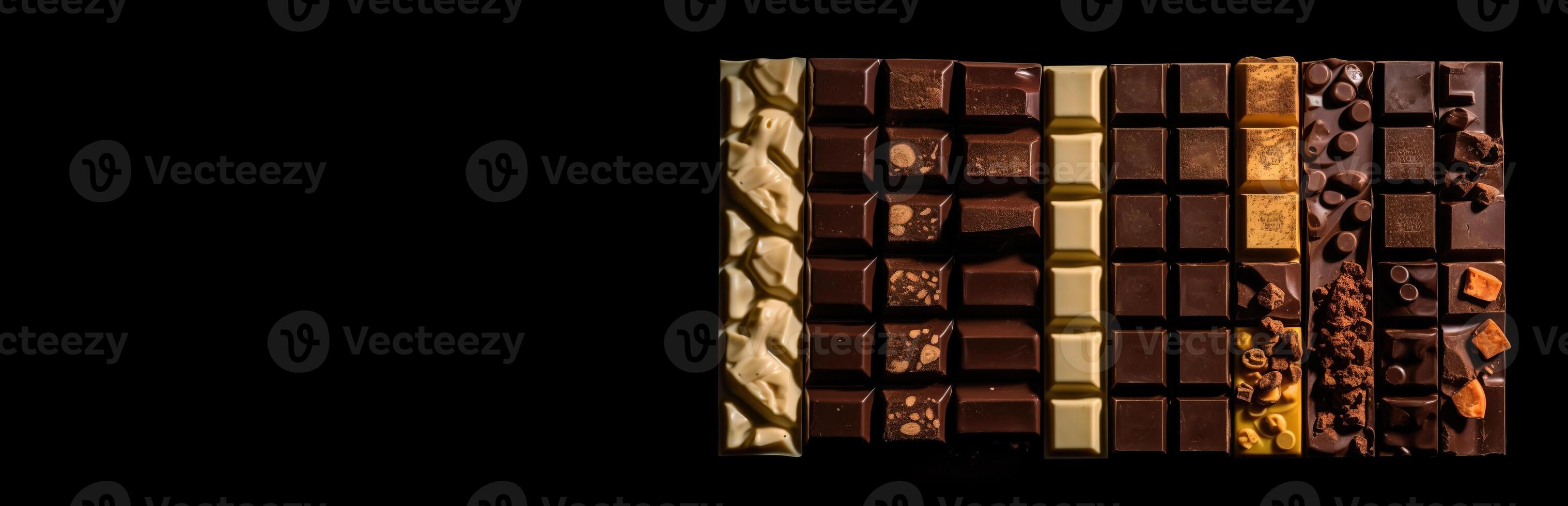 Various types of dark, milk chocolate with nuts, raisins in a row, black background. . photo