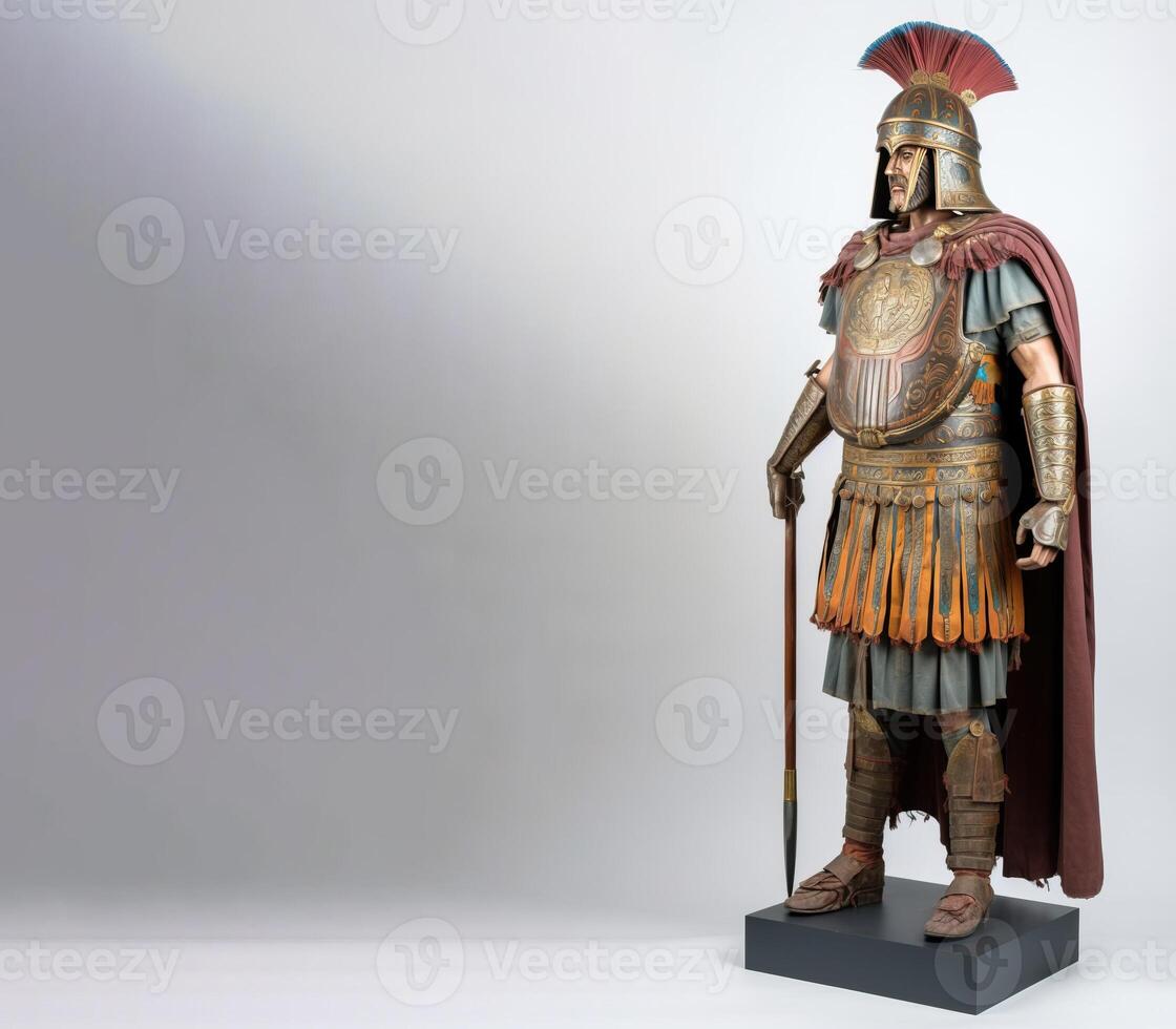 Ancient Thracian warrior in armor with weapons. White background, isolate. . photo