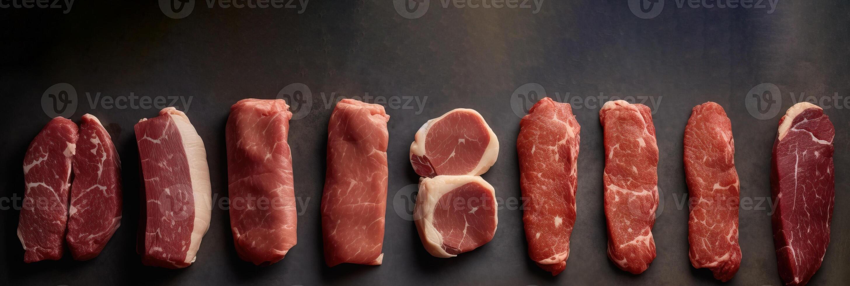 Set of different types of raw meat. Top view on the table. Black background. . photo