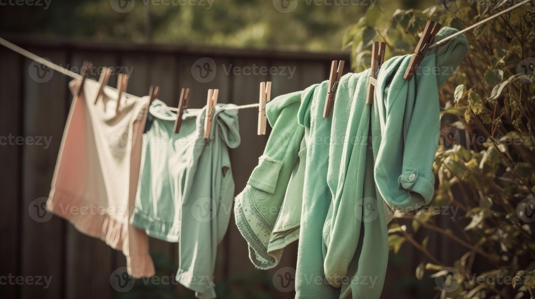 Various clean colored things dry on a clothesline against the background of the street. . photo