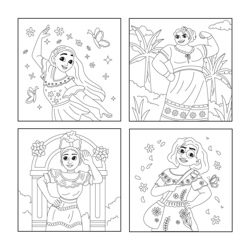 Colombian Female Characters Coloring Pages vector