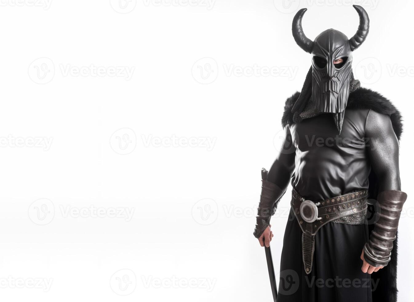 Warrior, Scandinavian navigator in armor. White background, isolate. . photo