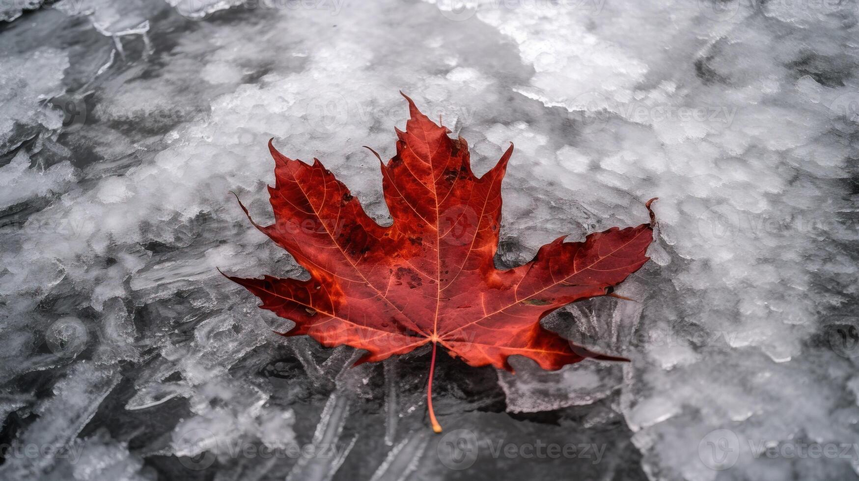 Canada Independence Day. Red maple leaf on ice, close-up. . photo