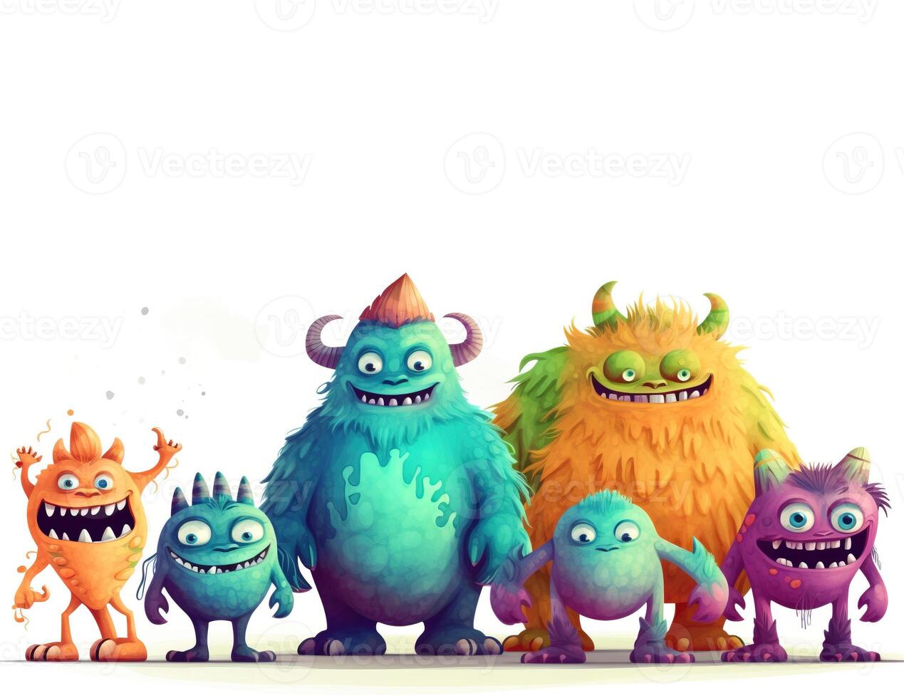 Various sizes, colors scary terrible toy monsters in a row, white background isolate. . photo