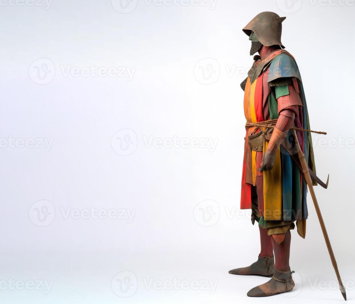 Warrior, medieval spearman in armor. White background, isolate. . photo