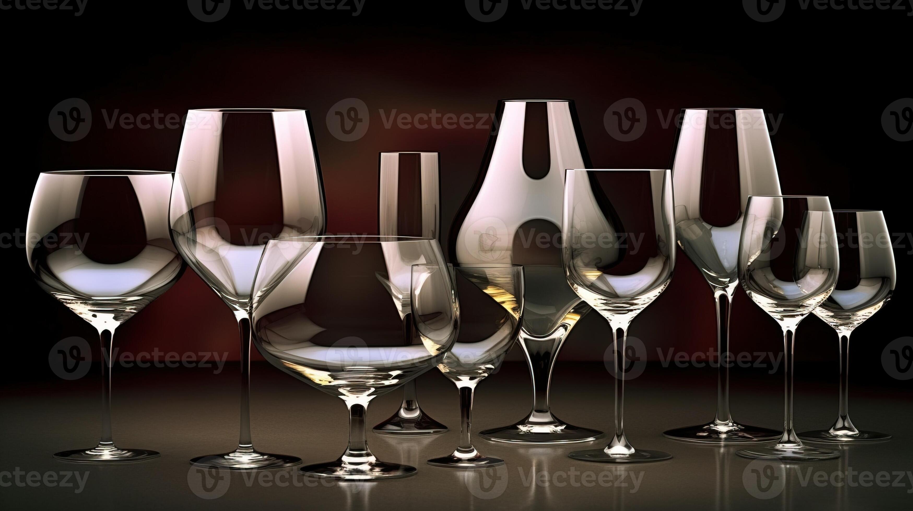 Various colored glasses for different drinks in a row, black background
