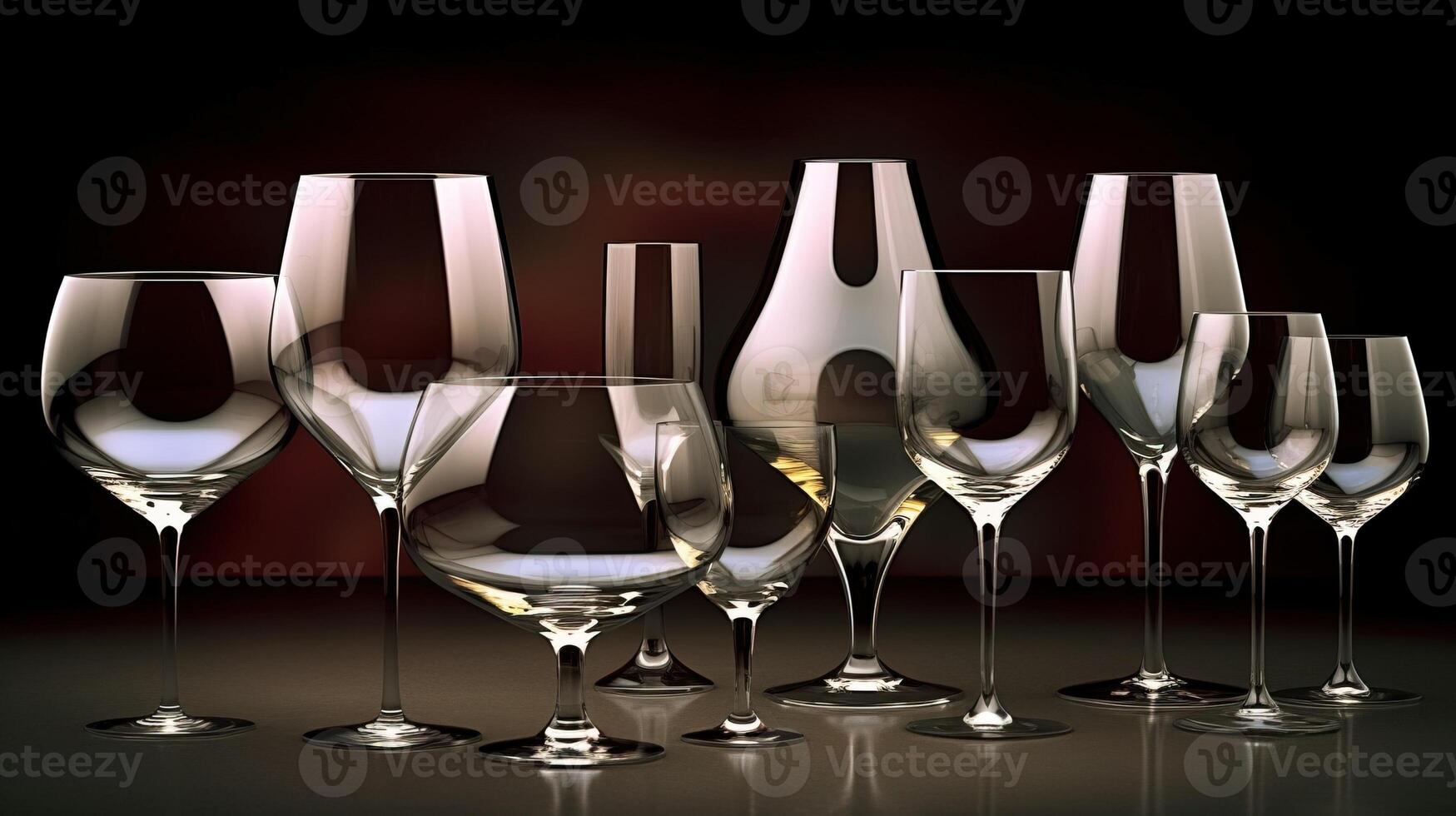 Various colored glasses for different drinks in a row, black background
