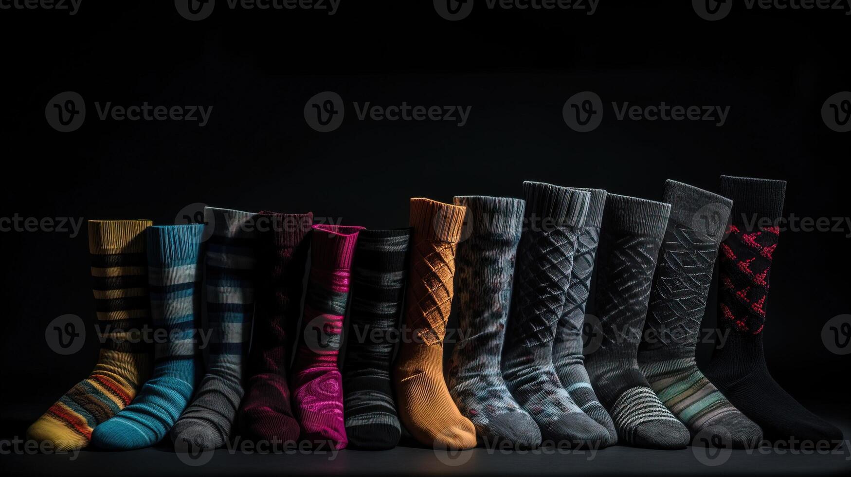 Collection of different patterns of color socks in a row, black background. . photo