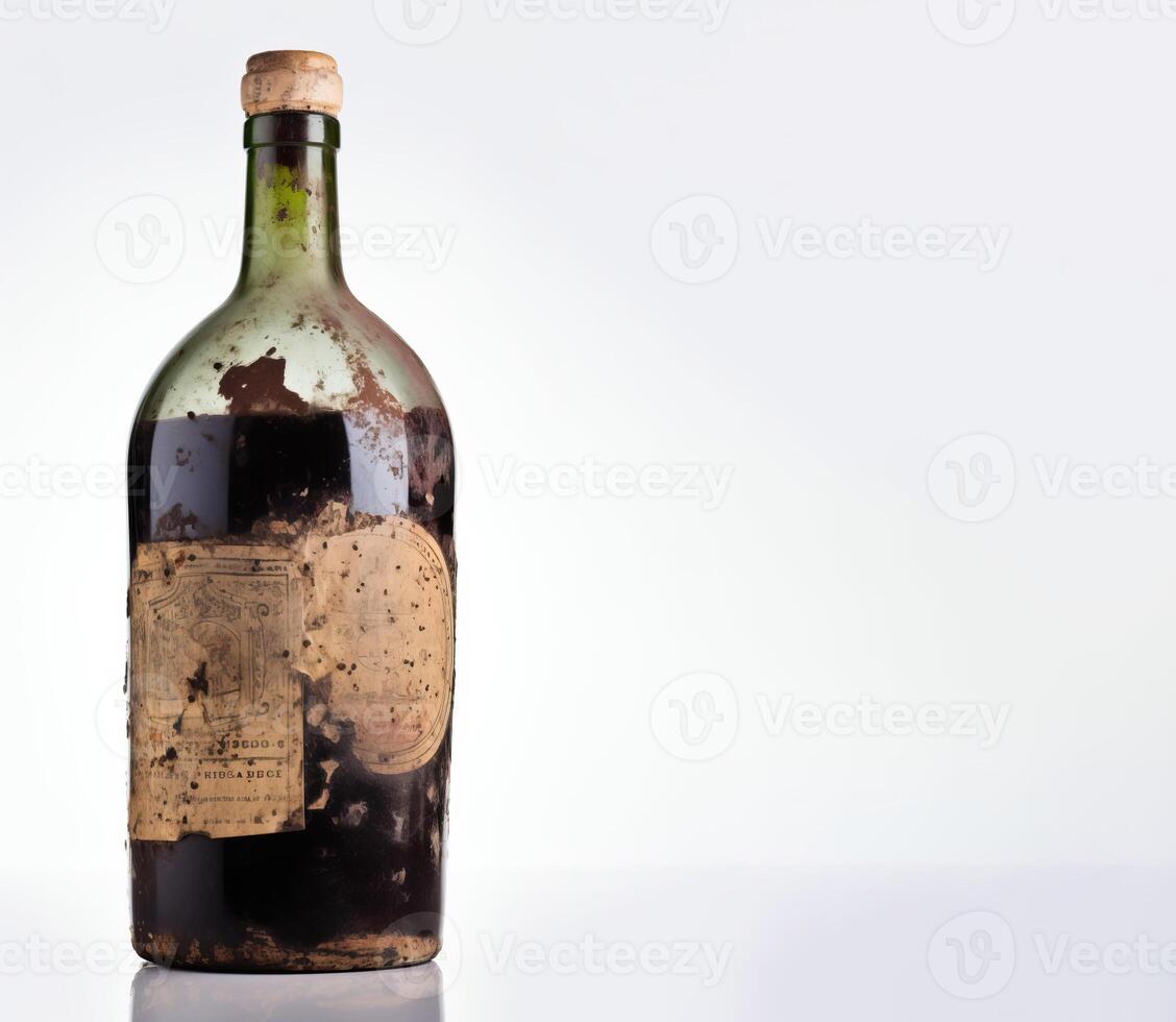 Vintage retro old wine bottle with glasses, white background isolate. . photo
