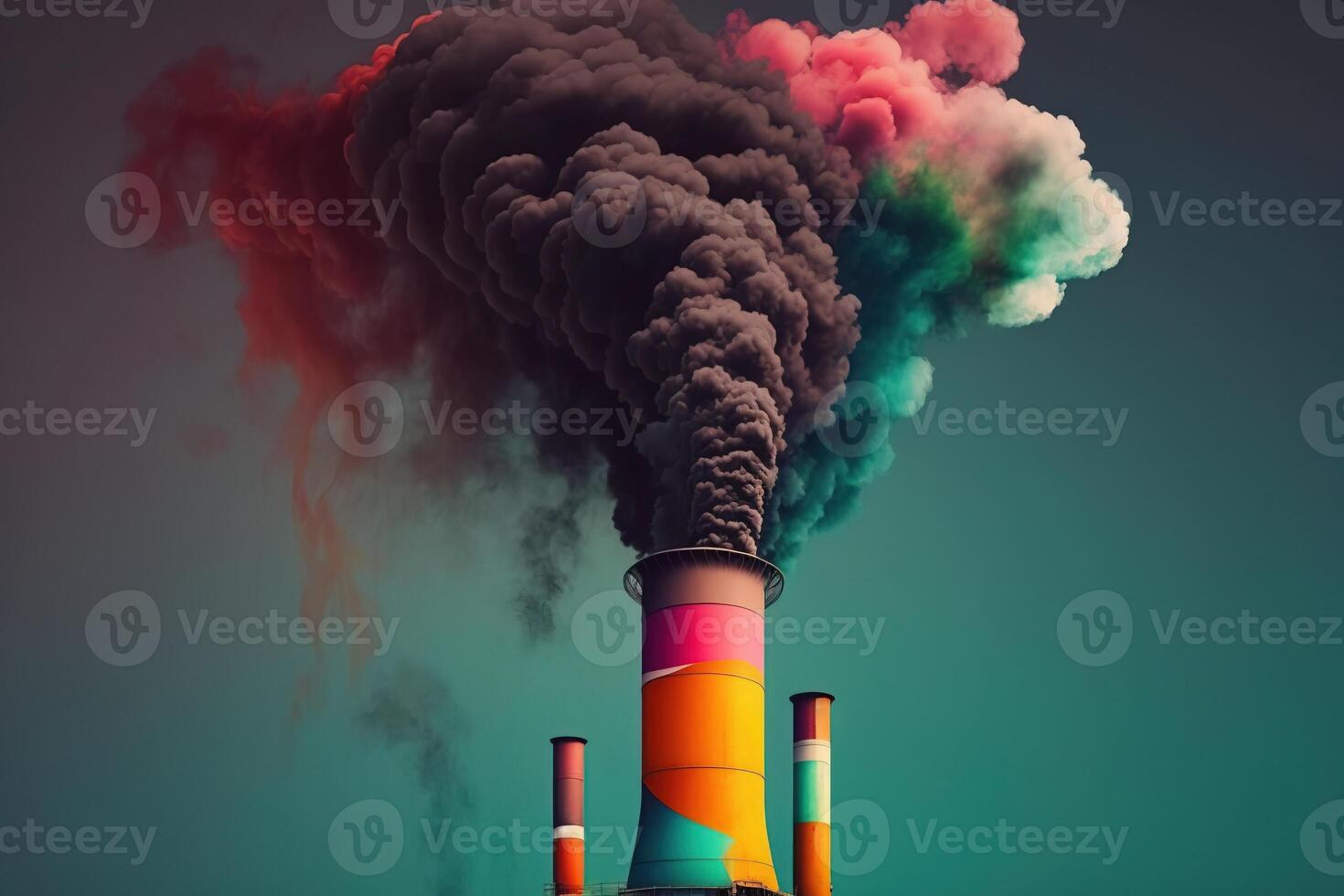 Ecology pollution, smoke from chimney on marsh background, graphic color isolate. . photo