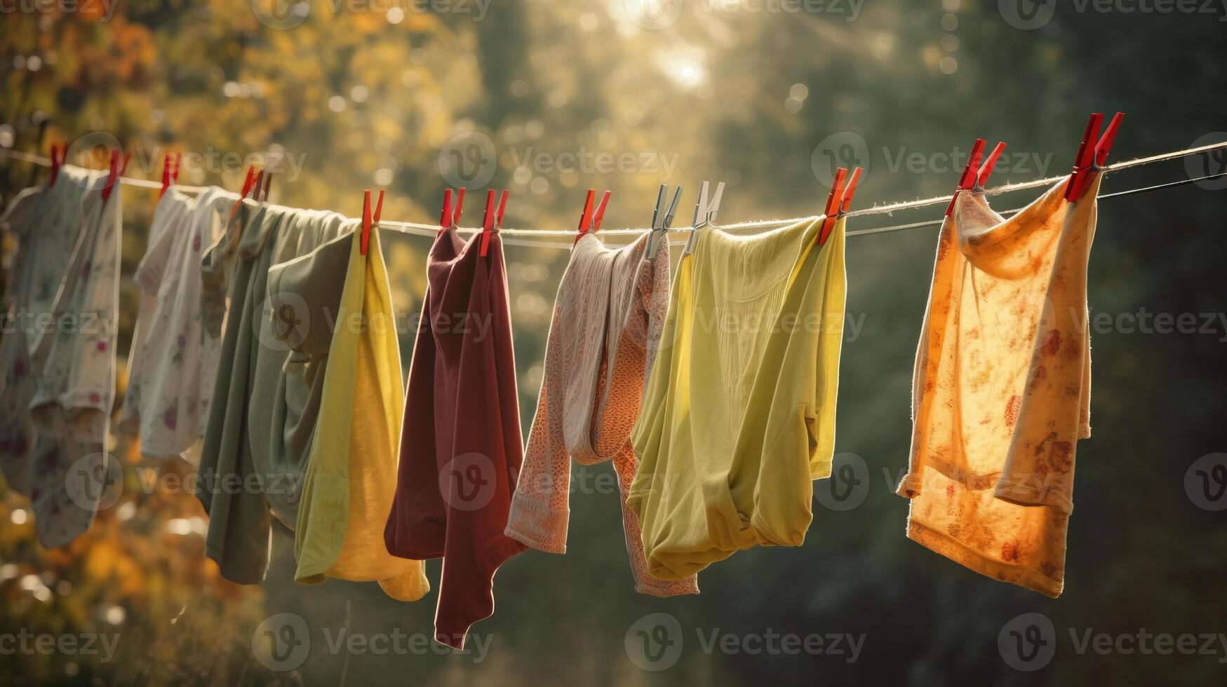 Various clean colored things dry on a clothesline against the background of the street. . photo