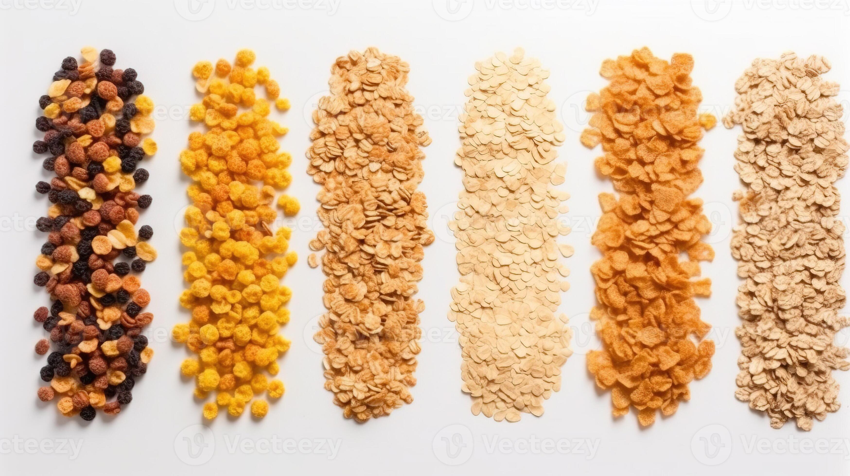 Various breakfast cereals, whole grain cereals, diet healthy food, White background isolate