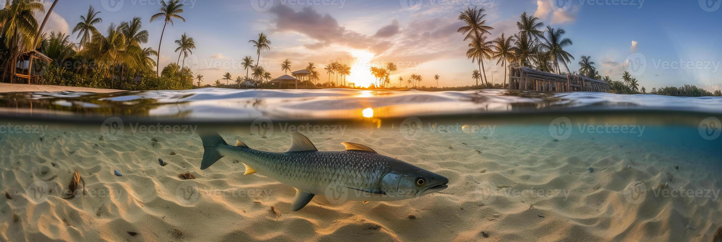 Photograph of beautiful inviting beach scene with sunset sky. photo