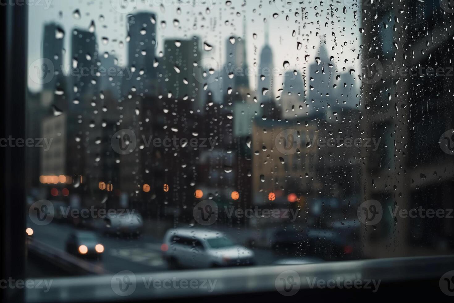 Photography of raindrops on the windows glass in focus with blured city skyline in the background. photo