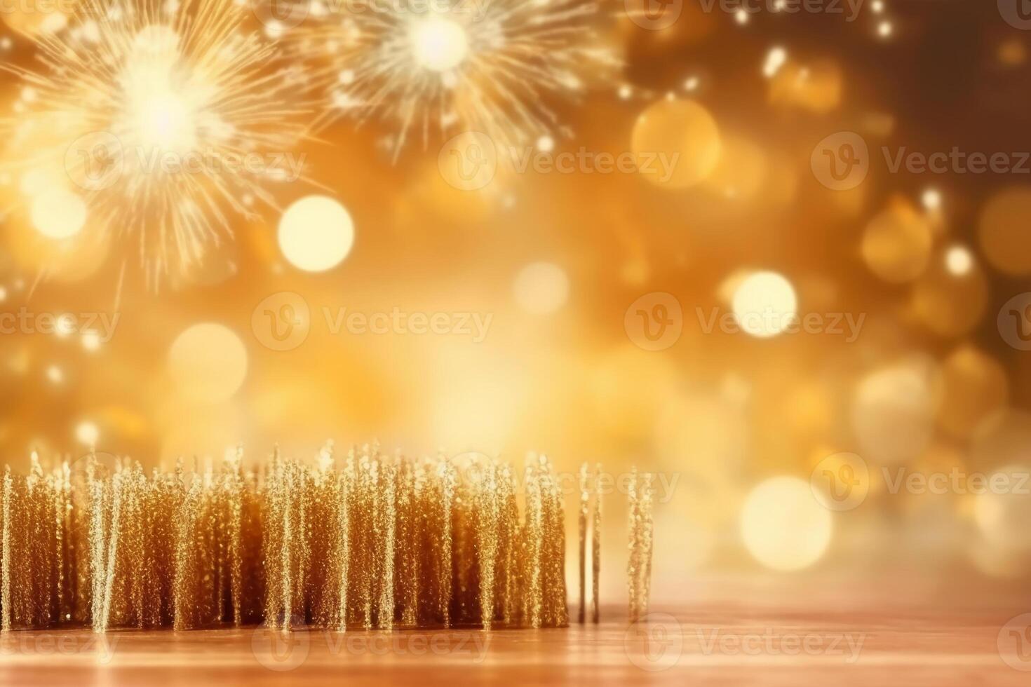 Gold and silver Fireworks and bokeh in New Year eve and copy space. Abstract background holiday. photo