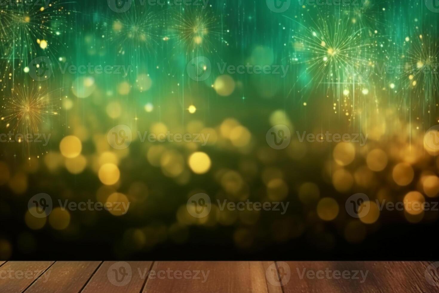 Gold and green Fireworks and bokeh in New Year eve and copy space. Abstract background holiday. photo