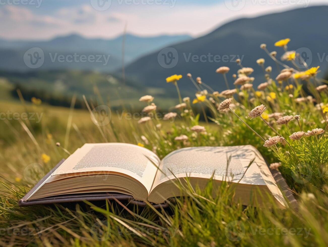 Book on the meadow with mountain at background. photo