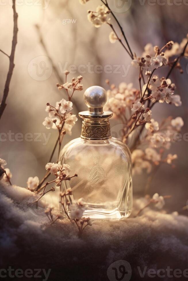 Still life photography, transparent perfume bottle in the center, stones, branches, flowers. photo