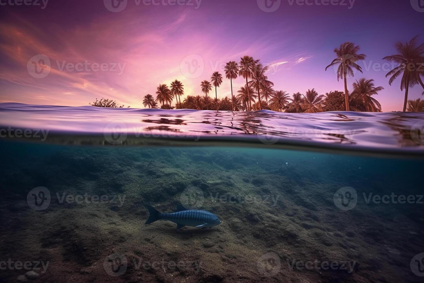 Photograph of beautiful inviting beach scene with purple sunset sky. photo