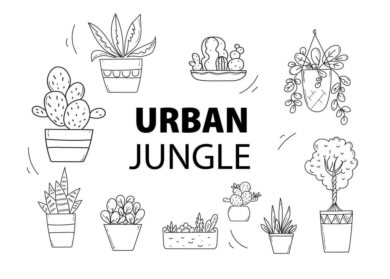 Set of  potted plants for home. Vector doodle illustration.