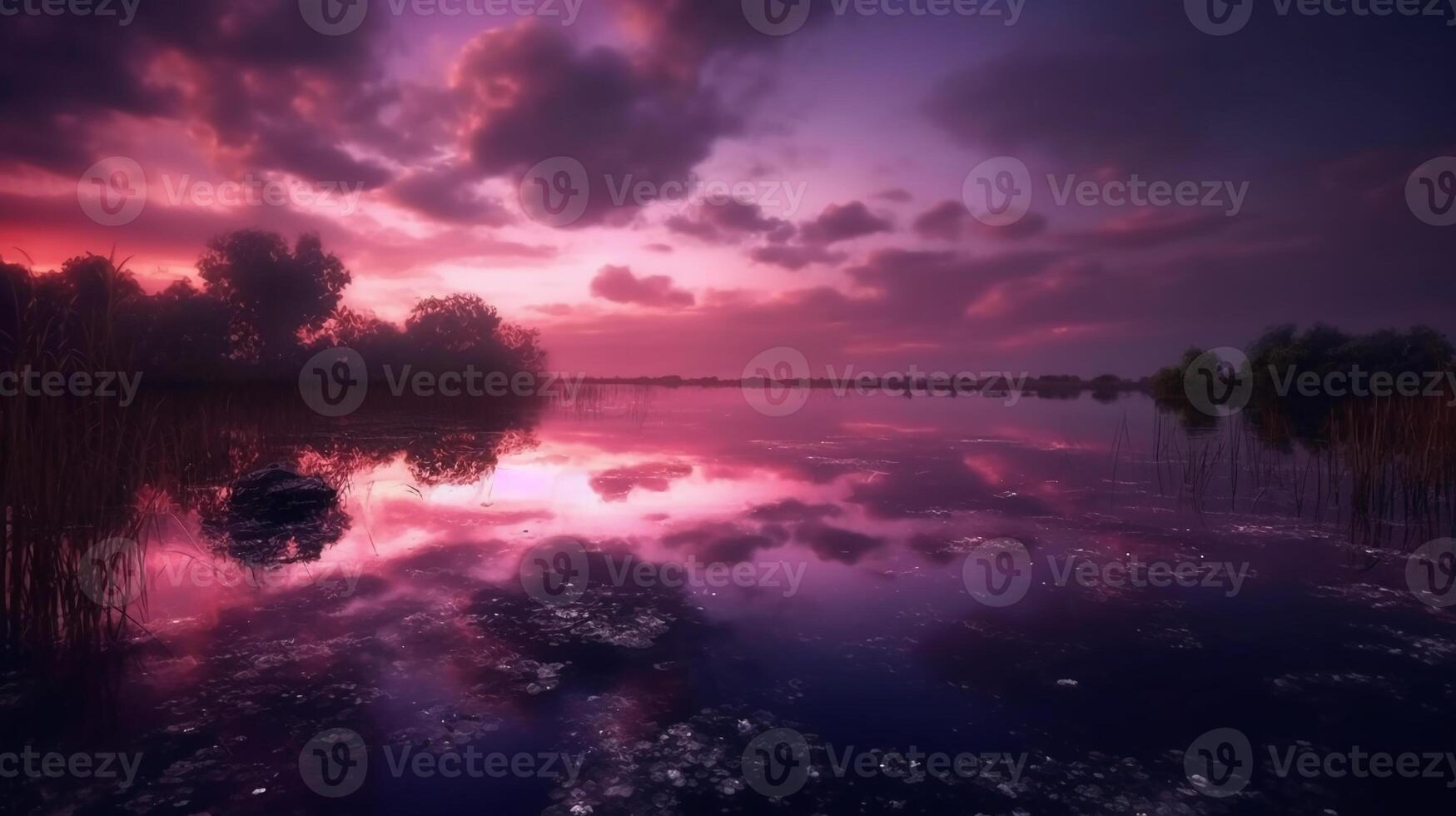 A scene in which the entire purple sky is reflected in the water. photo