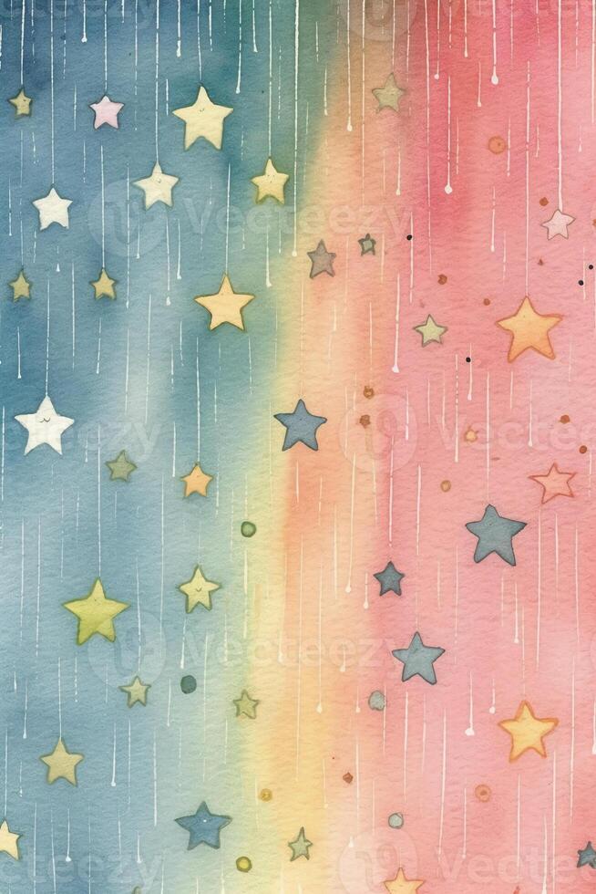 A watercolor painting of a rainbow and stars print. photo