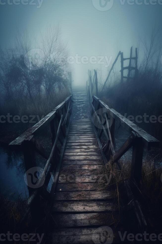 Old wooden bridge leading to nowhere in the fog, broken, gloomy dark blue, mysterious, loneliness. photo